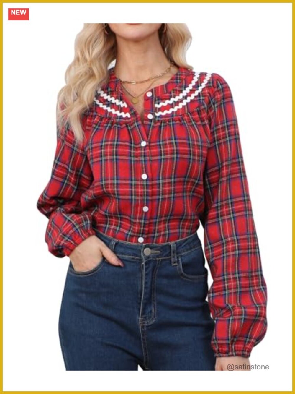 Womens Long Sleeve Button Down Plaid Smocked Collar Shirt Lightweight Fall